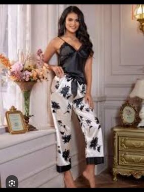 SHEIN Satin Cami Top with White Floral Satin Pj